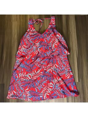 Roz & Ali Plus Size 24 Dress Red Blue Tropical Print Sleeveless Pockets V-Neck